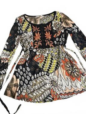 Solitare Y2K Henley Patchwork Embroidery Baby Doll Top Cotton Lightweight Sz S